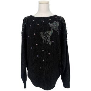 Vintage Tony Lambert Sequin Butterfly Beaded Novelty Sweater Metallic Women's L